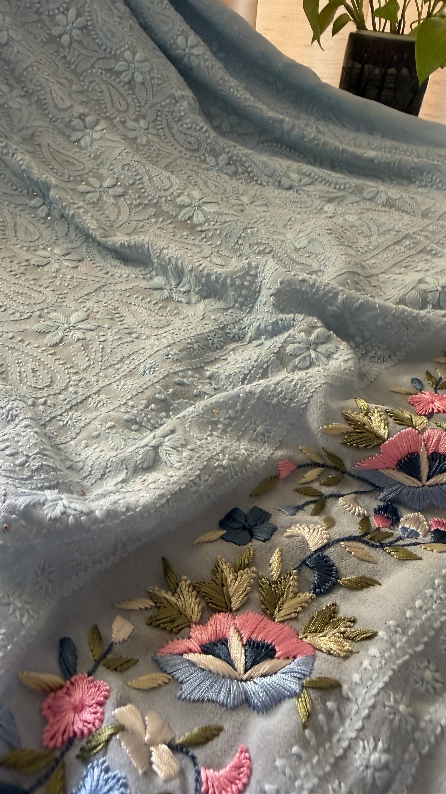 Powder Blue Chikankari Parsi Gara Daman Suit