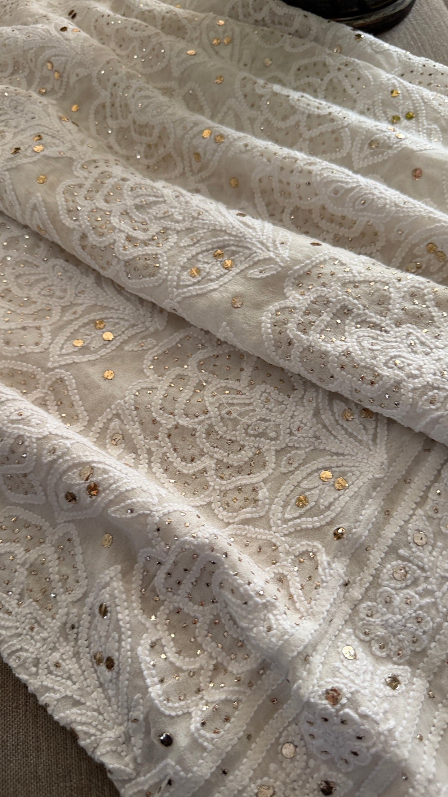 Ivory White Golden Mukaish Chikankari Dupatta
