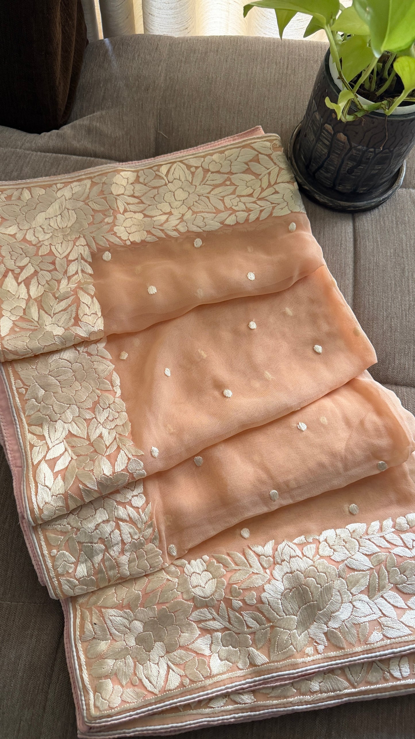 Artisanal Peach Parsi Gara Dupatta