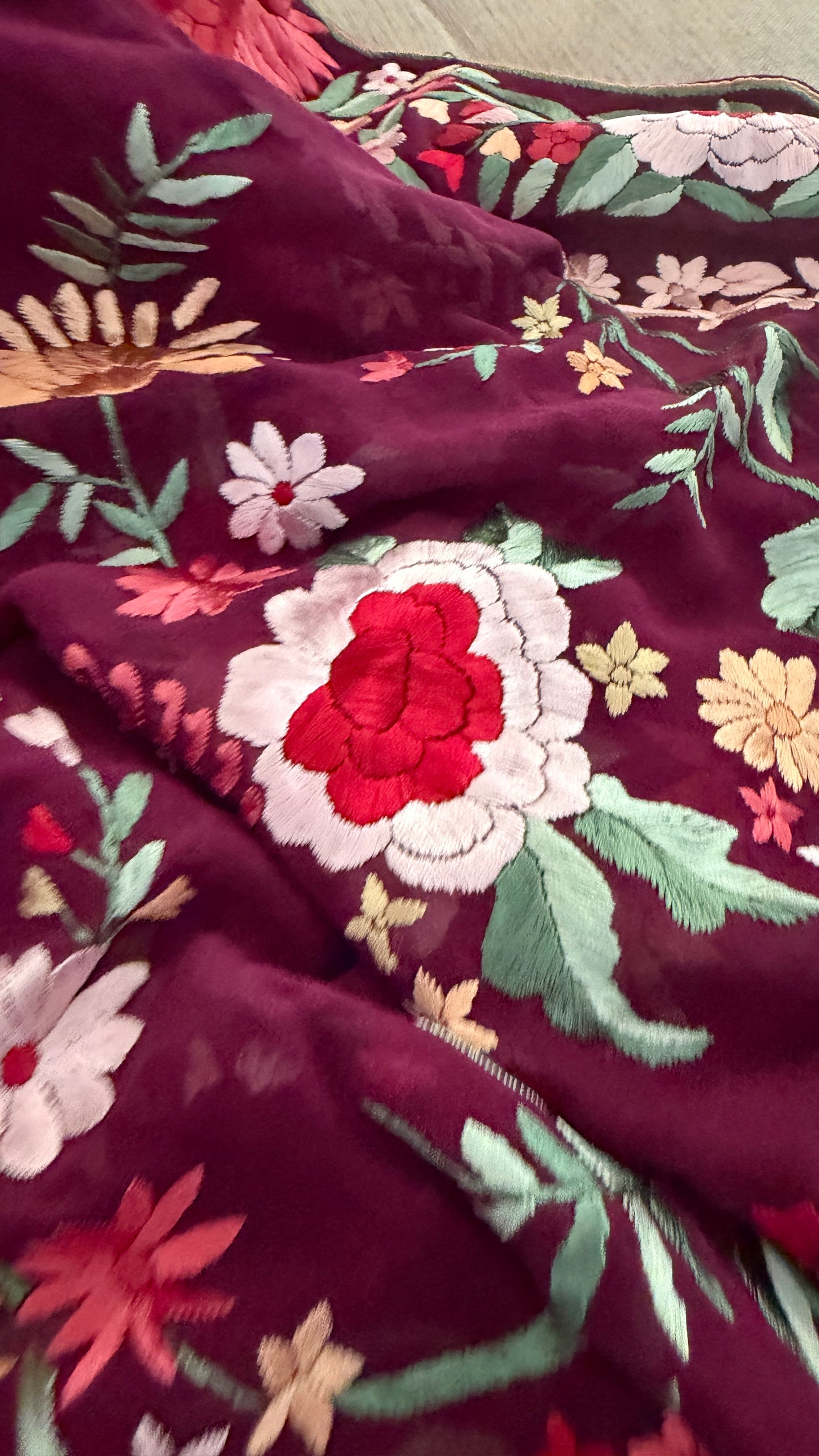 Burgundy Floral Parsi Gara Dupatta