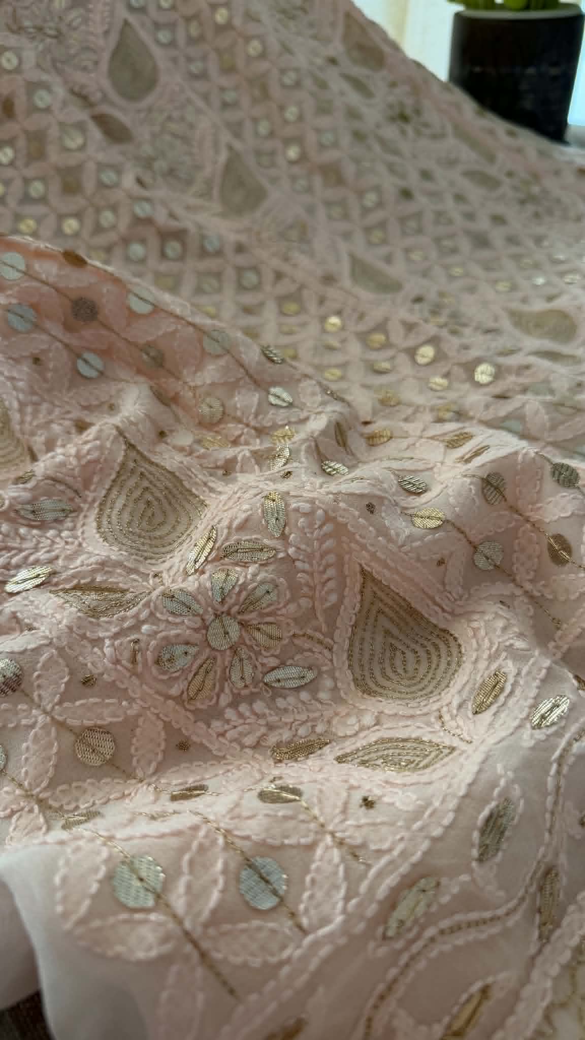 Pastel Pink Gota Patti Unstitched Chikankari Suit (Kurta & Dupatta)