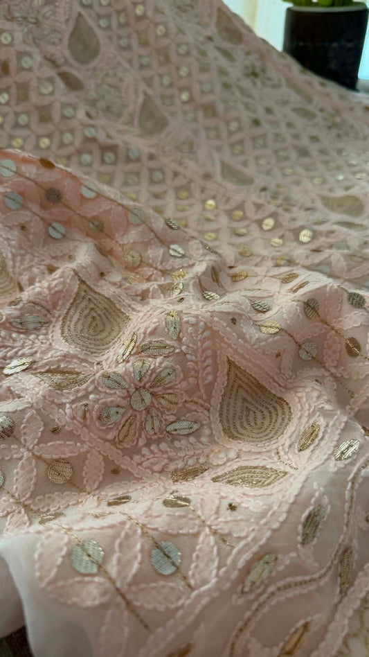Pastel Pink Gota Patti Unstitched Chikankari Suit (Kurta & Dupatta)