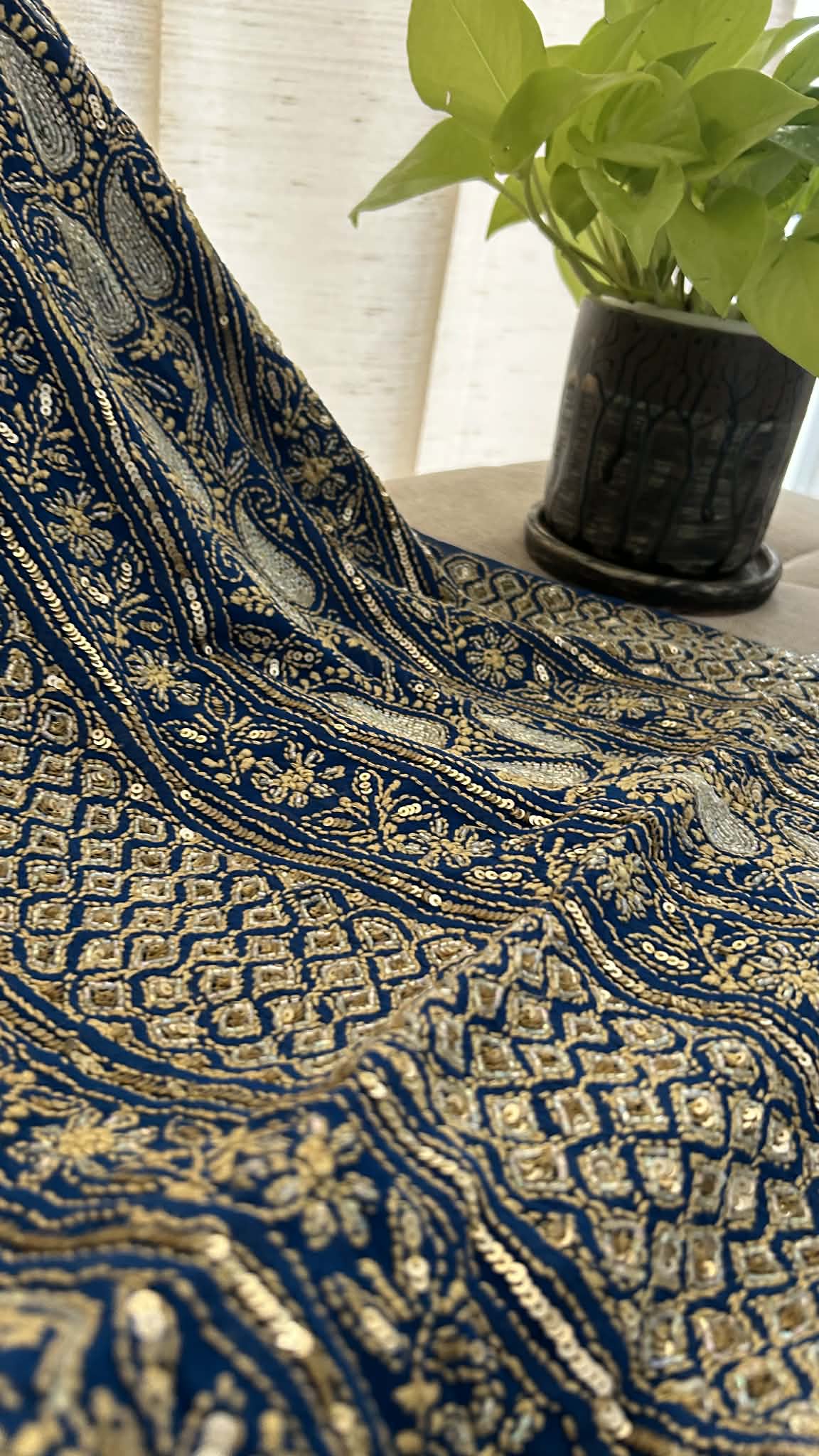 Blue Masterpiece Cut Dana Sequin Chikankari Suit (Kurta & Dupatta)
