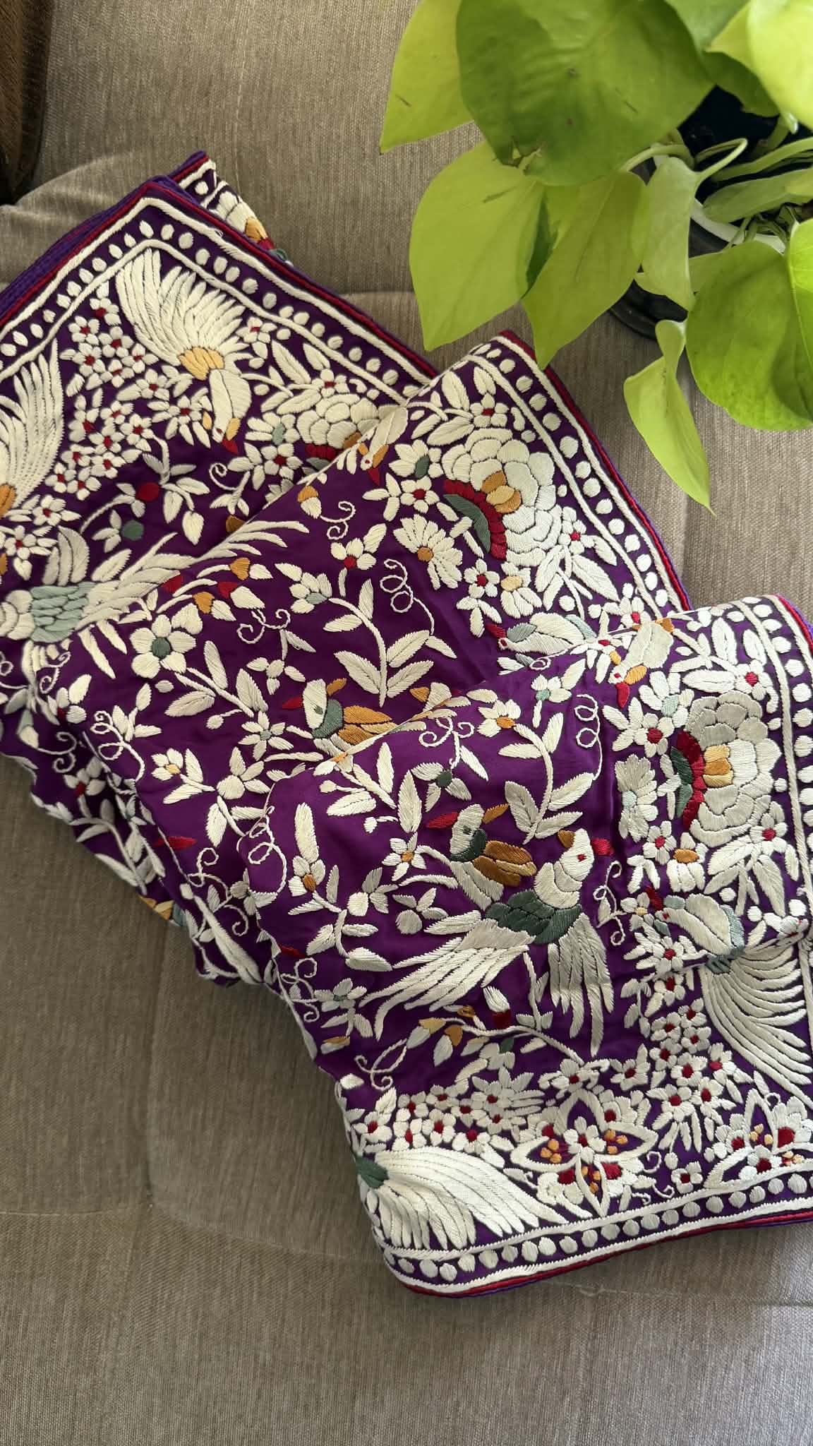 Designer Purple Parsi Gara Hand Embroidered Dupatta