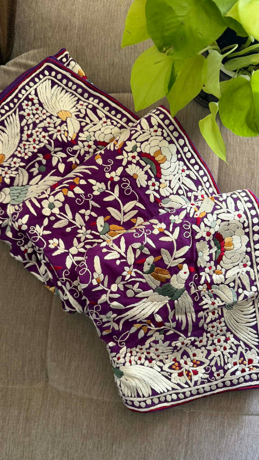 Designer Purple Parsi Gara Hand Embroidered Dupatta