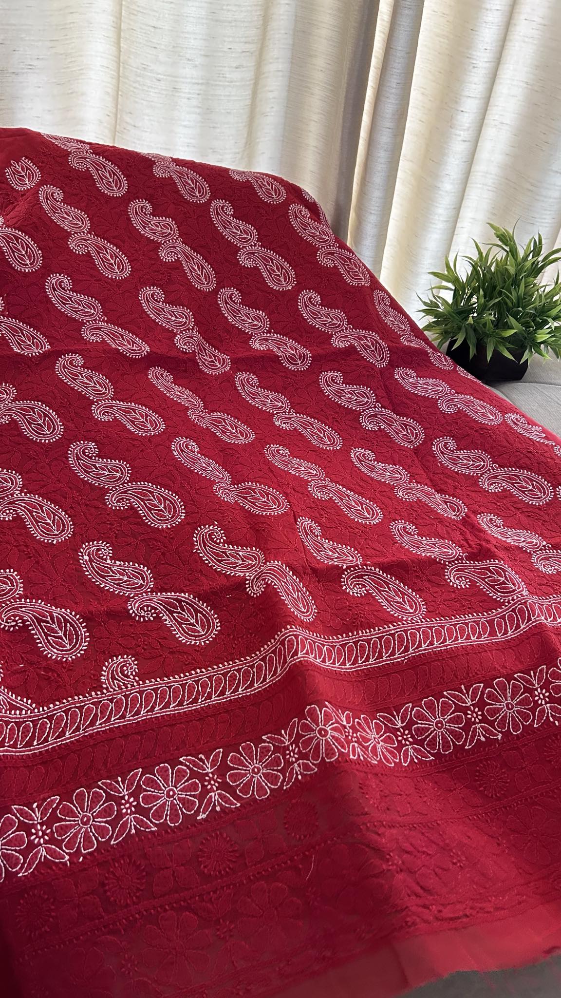 Red Cotton Chikankari Kurti Fabric (Kurti Fabric)
