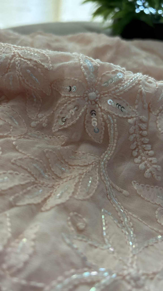 Peachy Pink Cut Dana Sequin Chikankari Saree