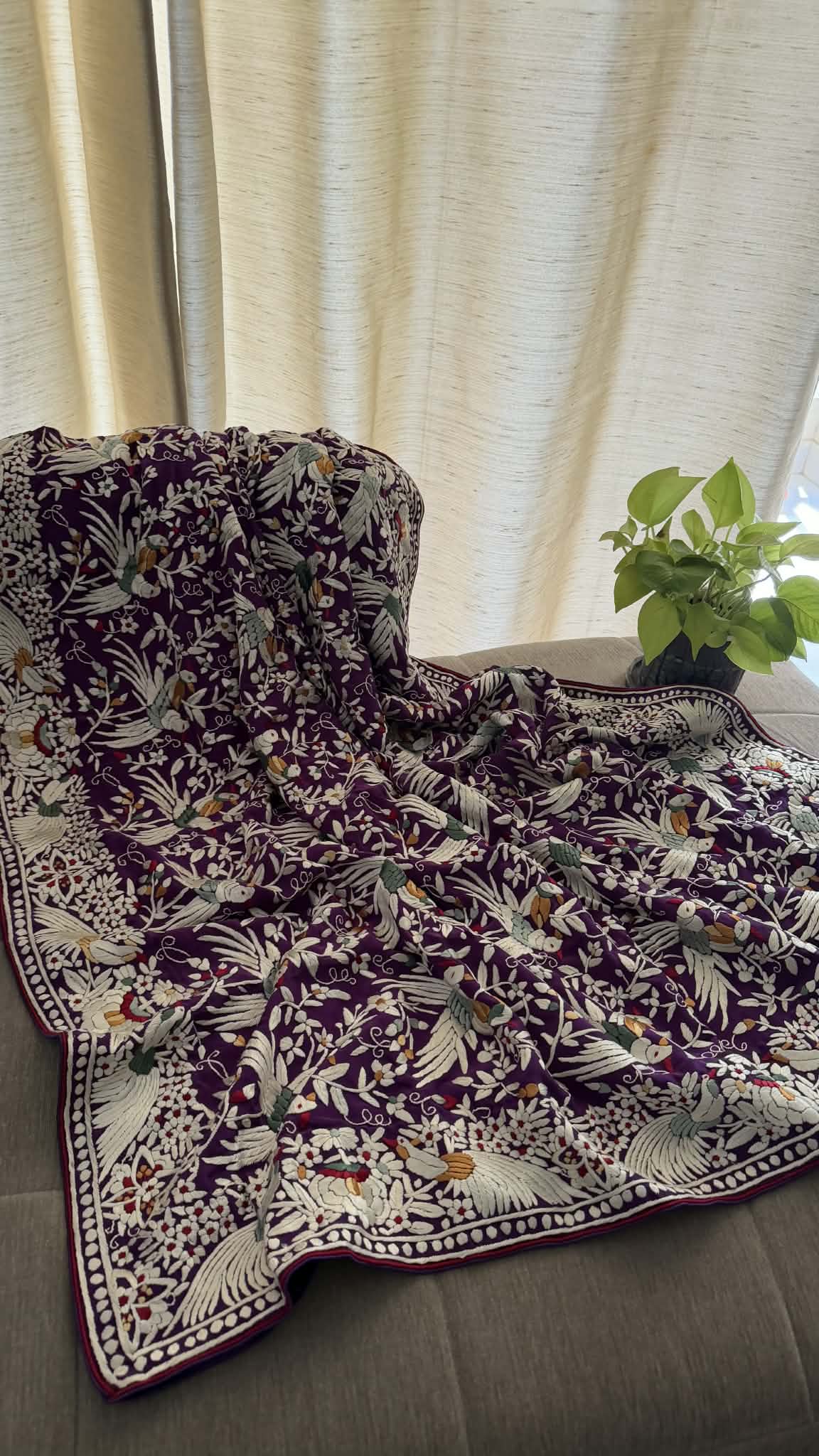 Designer Purple Parsi Gara Hand Embroidered Dupatta