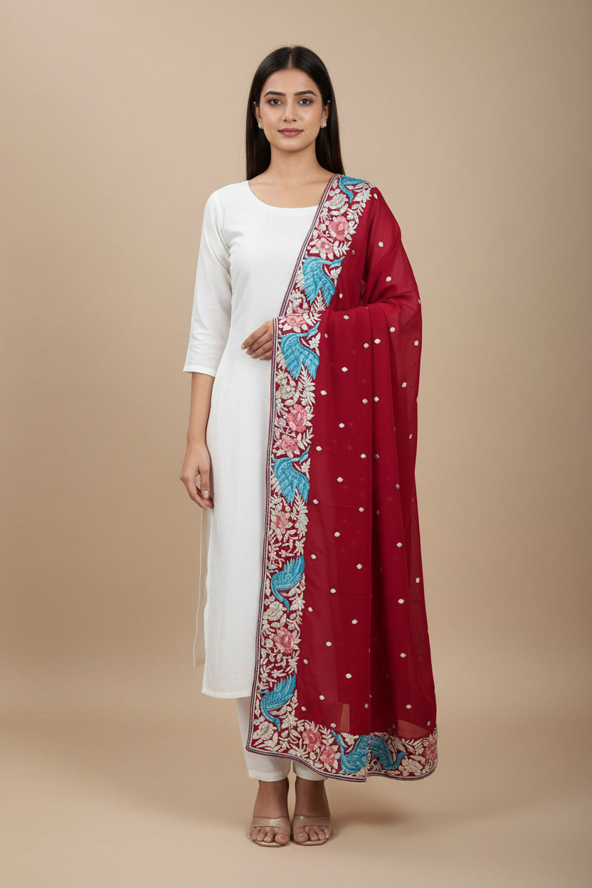 Pre Order Designer Red Parsi Gara Hand Embroidered Dupatta