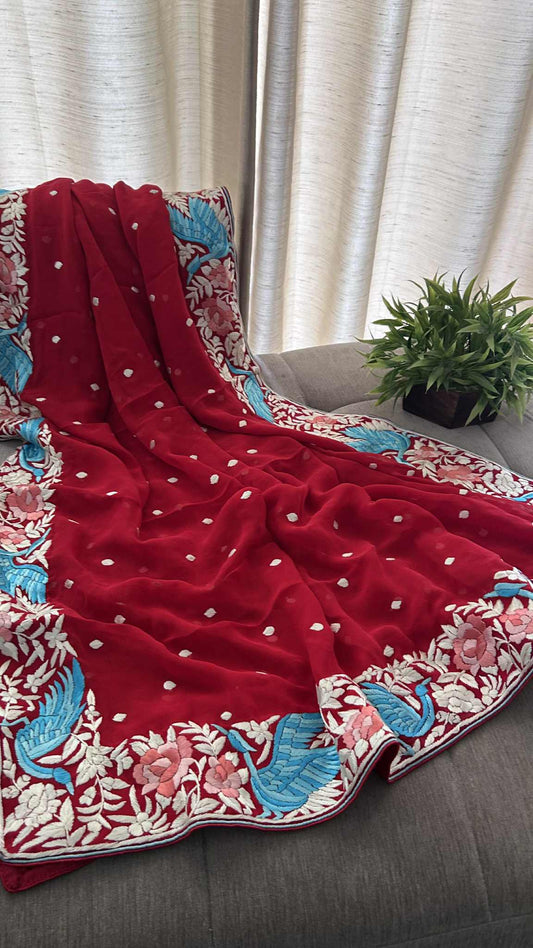 Pre Order Designer Red Parsi Gara Hand Embroidered Dupatta