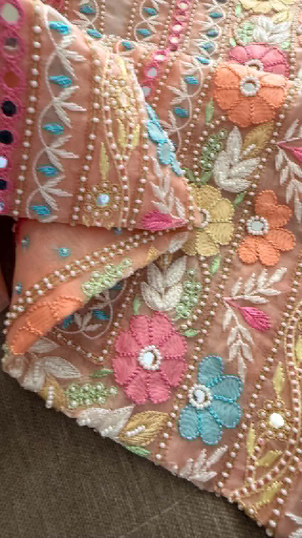 Luxury Pearl Handcrafted Organza Chikankari Suit- Peach