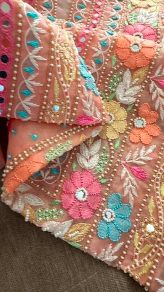 Luxury Pearl Handcrafted Organza Chikankari Suit- Peach