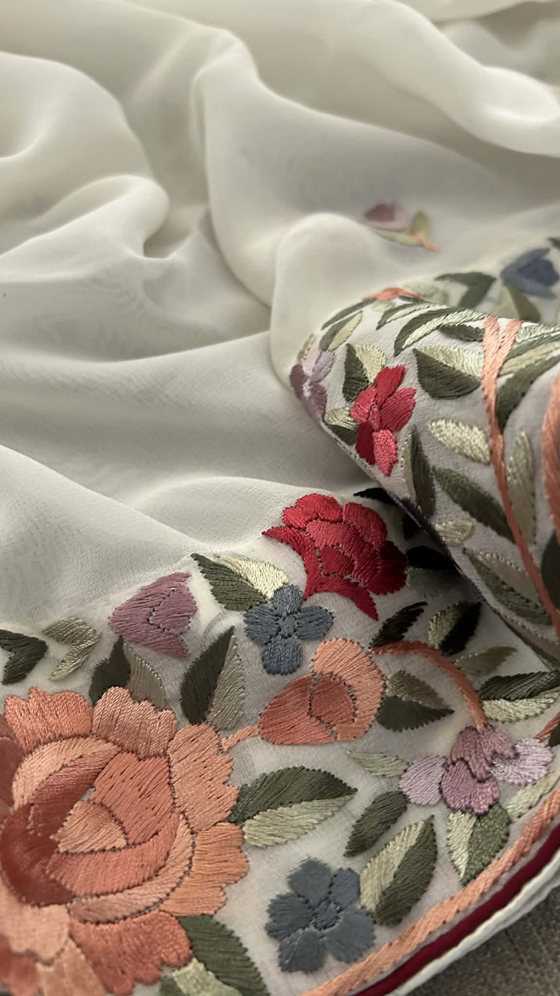 Designer Ivory White Parsi Gara Dupatta