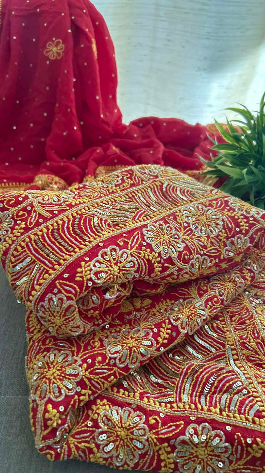 Red Masterpiece Cut Dana & Sequins Work Chikankari Anarkali Suit