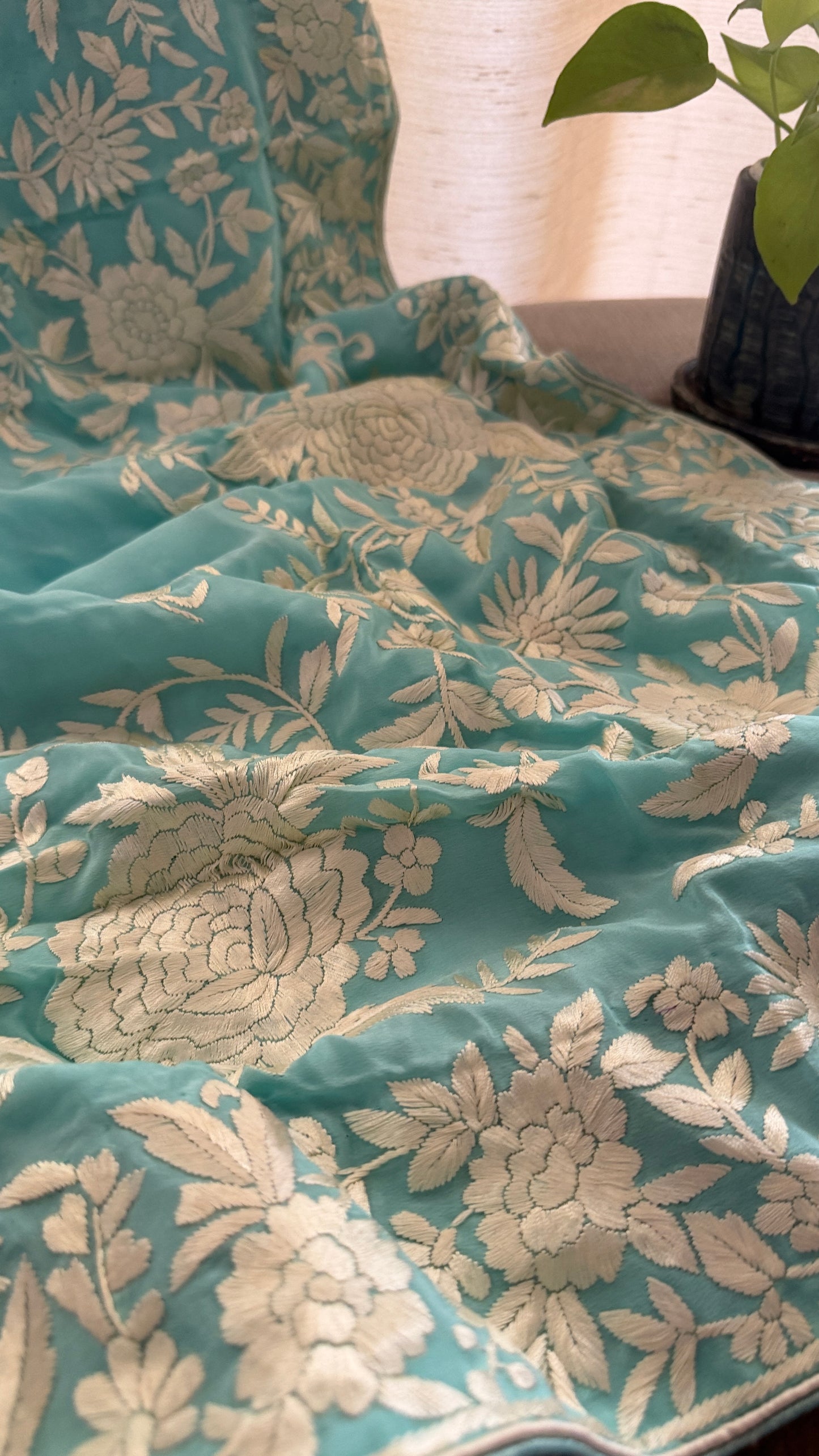 Aqua Green Crepe Silk Parsi Gara Saree