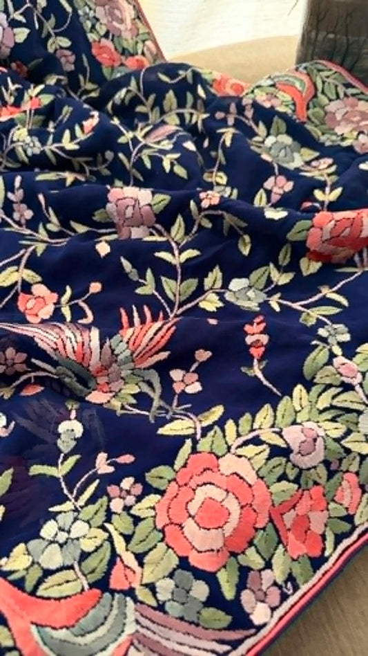 Navy Multicolour Parsi Gara Saree