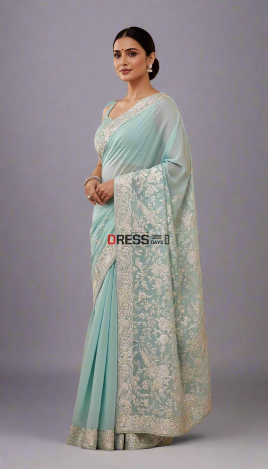 Designer Sea Green Parsi Gara Hand Embroidered Saree