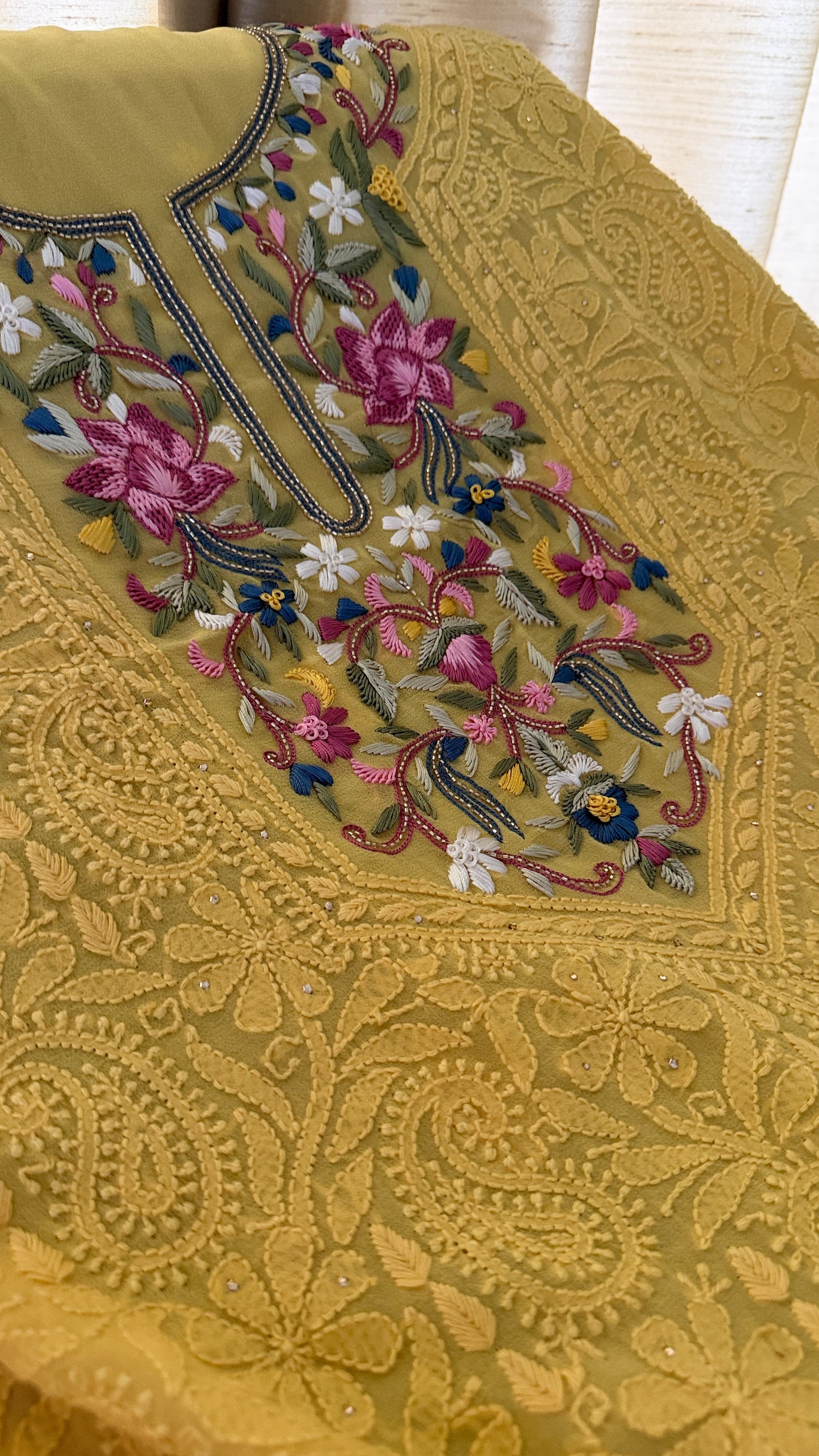 Yellow Parsi Inspired Chikankari Suit with Mukaish and Multicolour Neckline