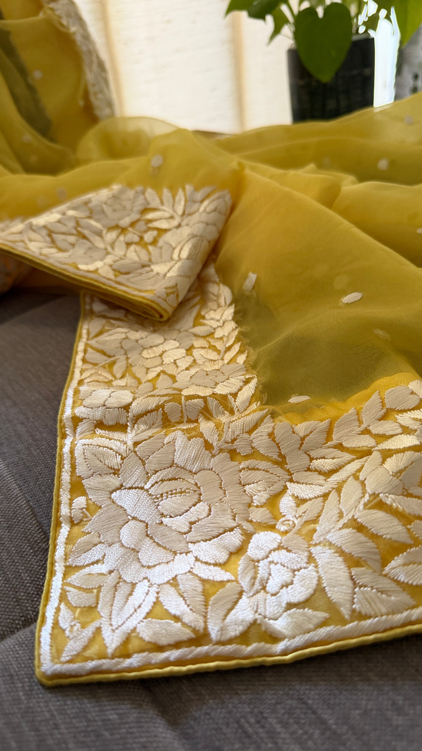 Exclusive Yellow Organza Parsi Gara Dupatta for Women