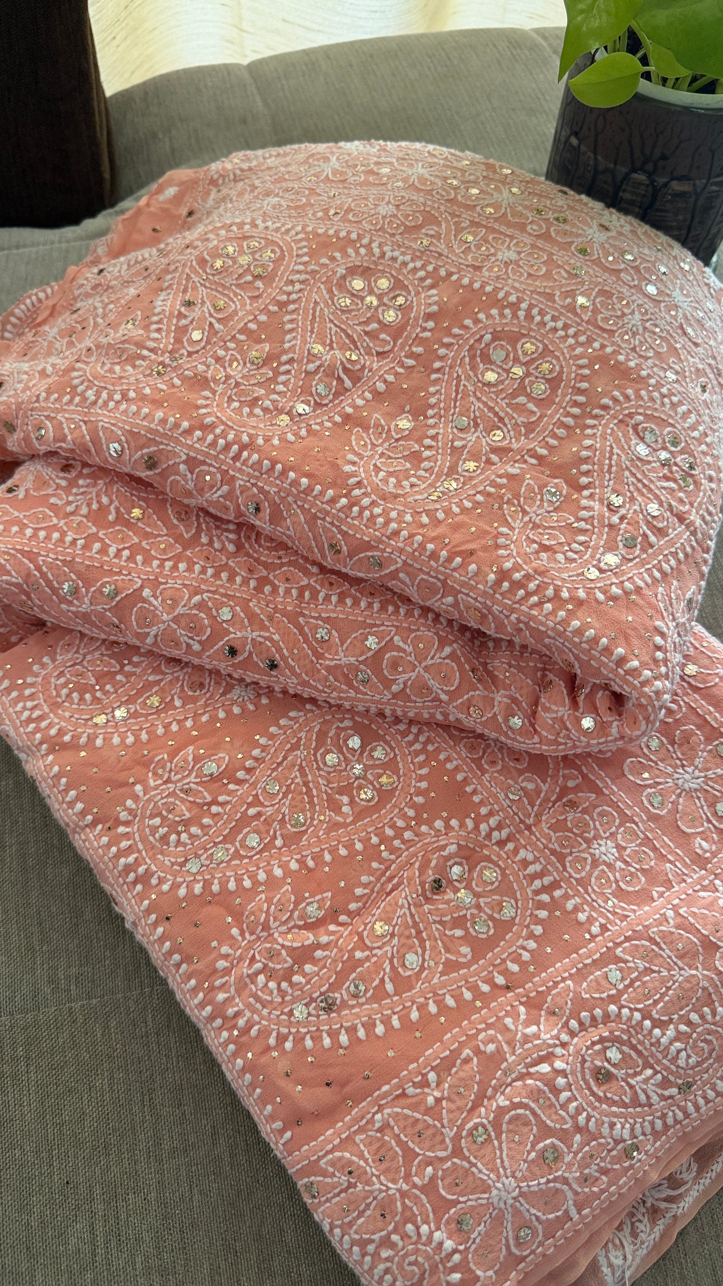 Peach Mukaish Chikankari Saree