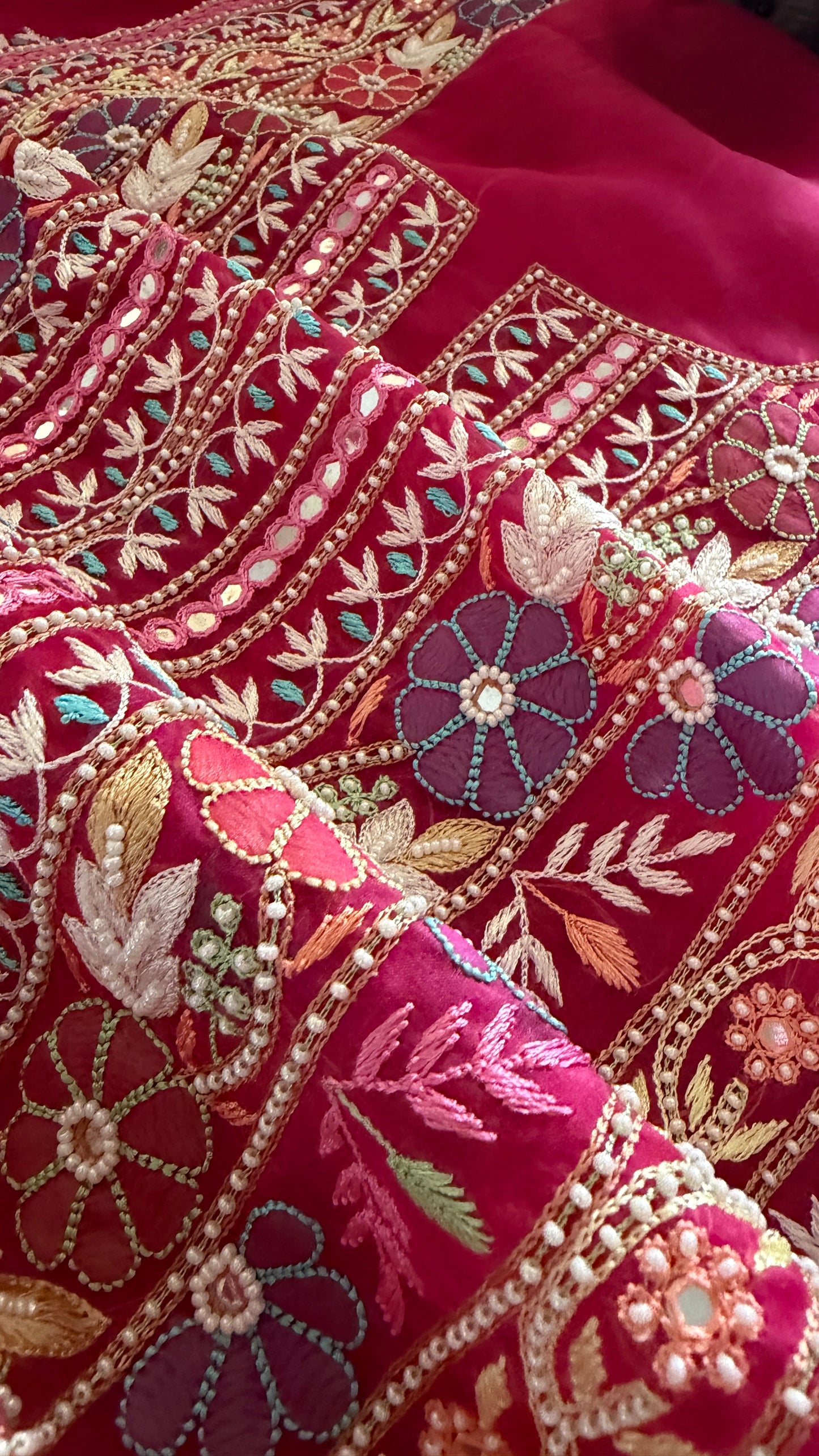 Luxury Pearl Handcrafted Organza Chikankari Suit- Magenta