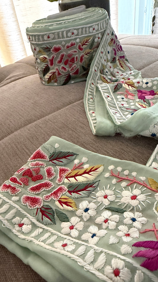Exclusive Parsi Gara Hand Embroidered Border (Pista Green)