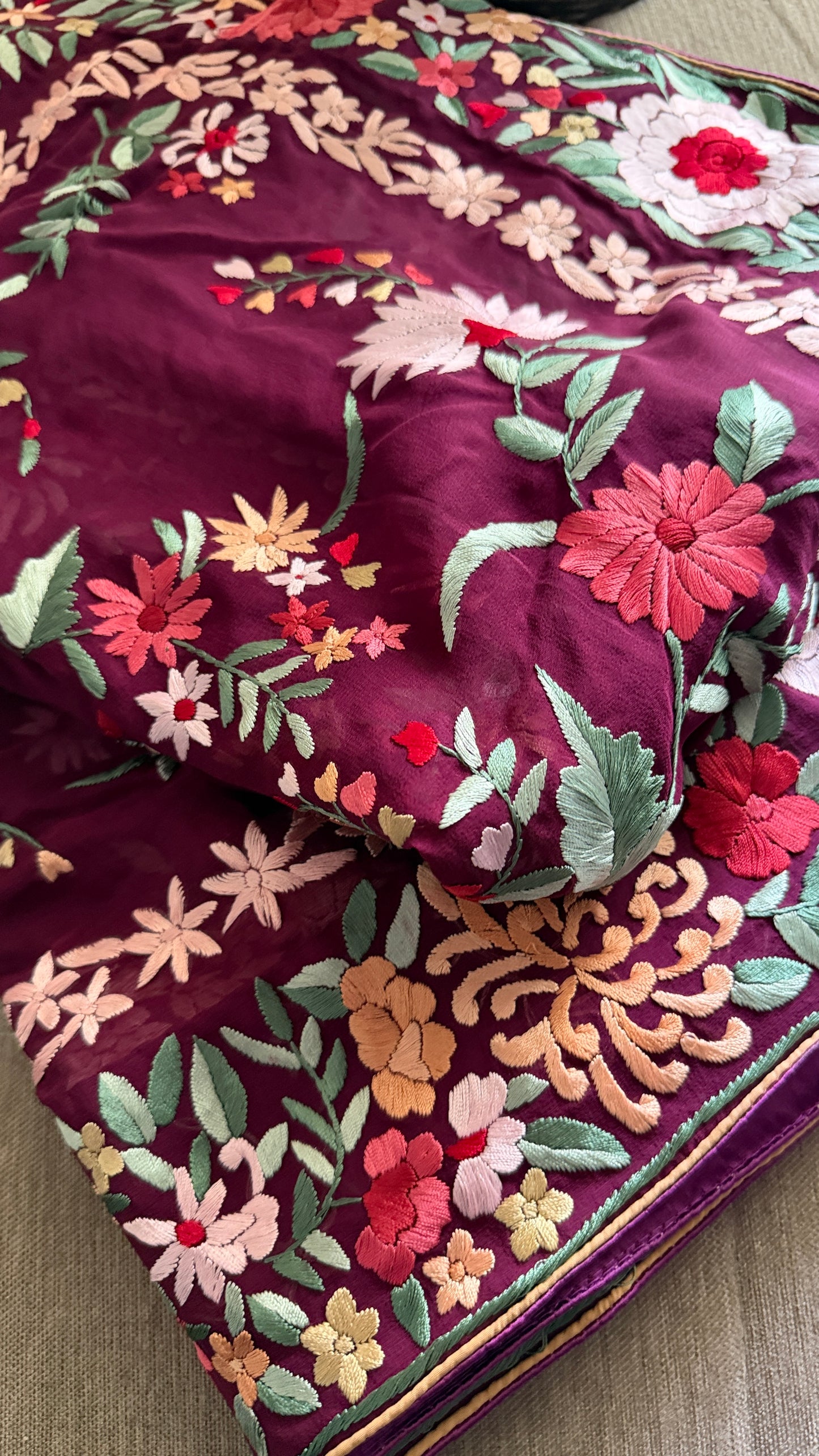 Burgundy Floral Parsi Gara Dupatta