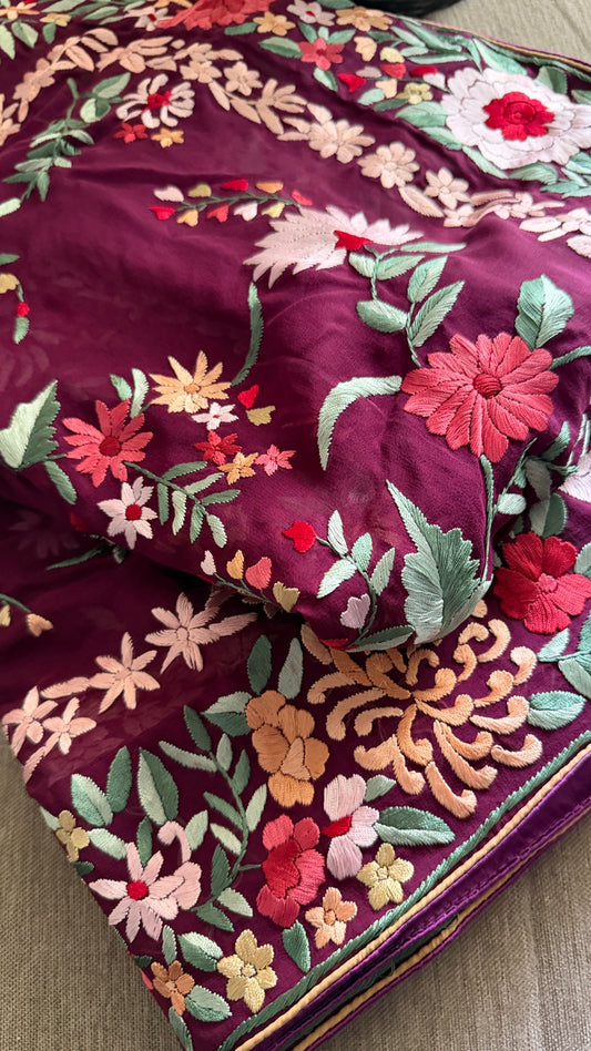 Burgundy Floral Parsi Gara Dupatta