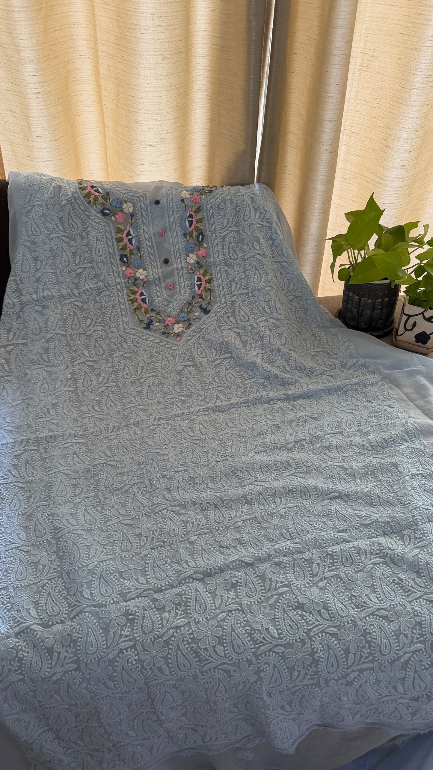 Powder Blue Parsi Gara Chikankari Suit