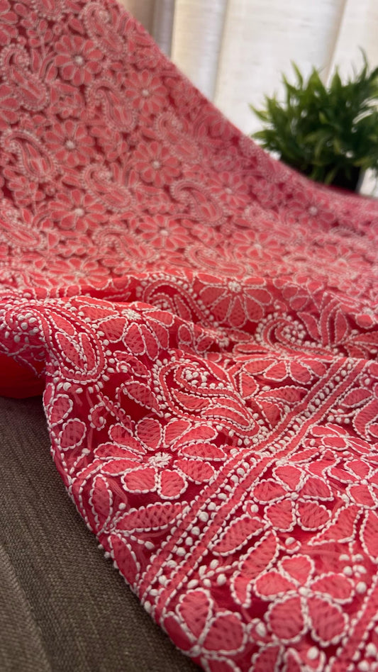 Rose Red Georgette Chikankari Kurti Fabric (Only Kurti)