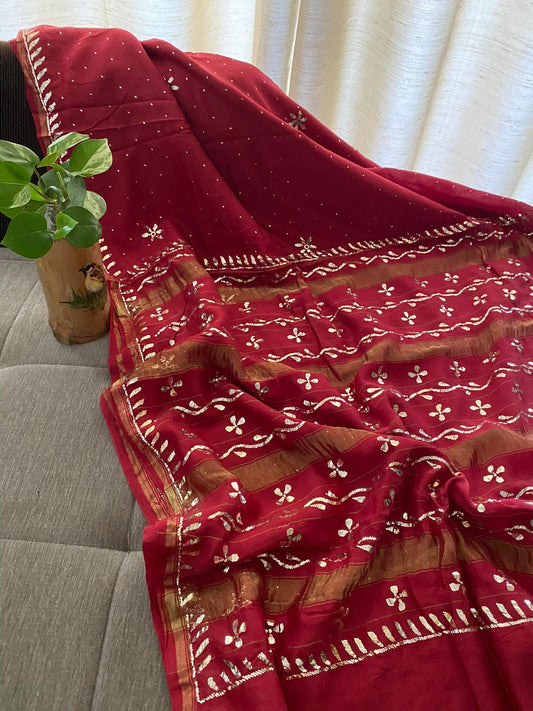 Maroon Cotton Chanderi Mukaish Saree