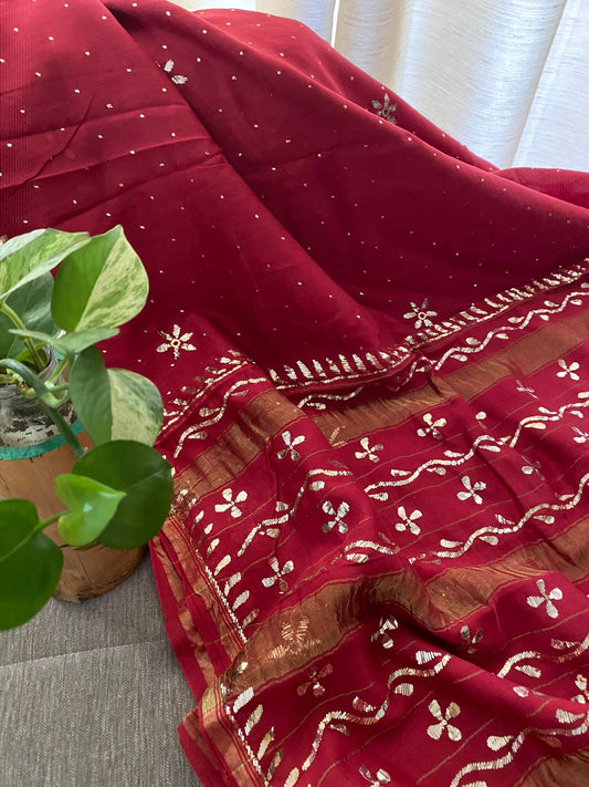 Maroon Cotton Chanderi Mukaish Saree