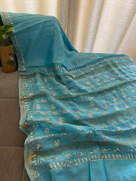 Sky Blue Cotton Chanderi Mukaish Saree