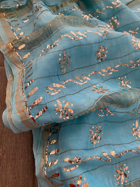 Sky Blue Cotton Chanderi Mukaish Saree