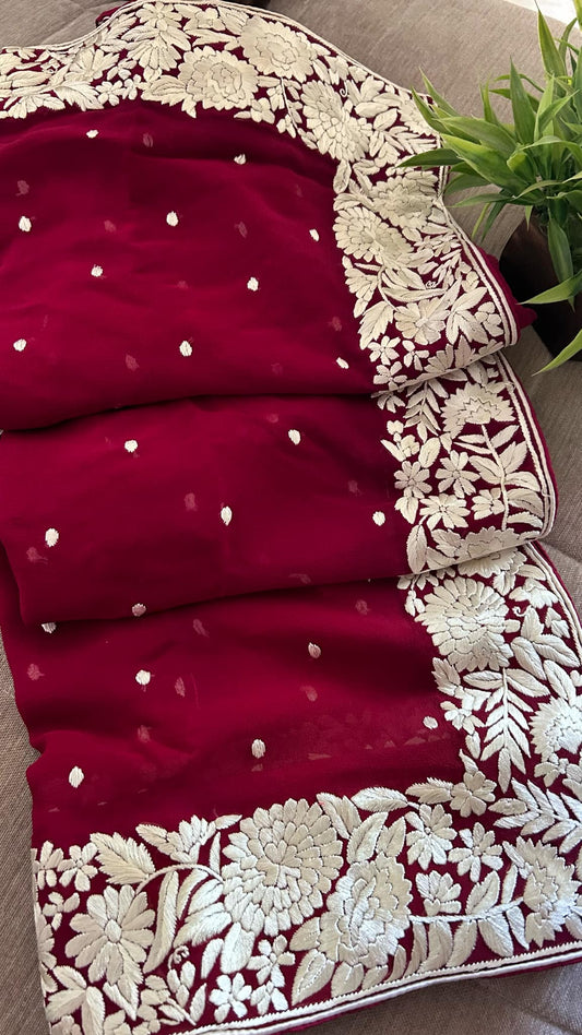 Pre Order Maroon Ivory Parsi Gara Hand Embroidered Dupatta