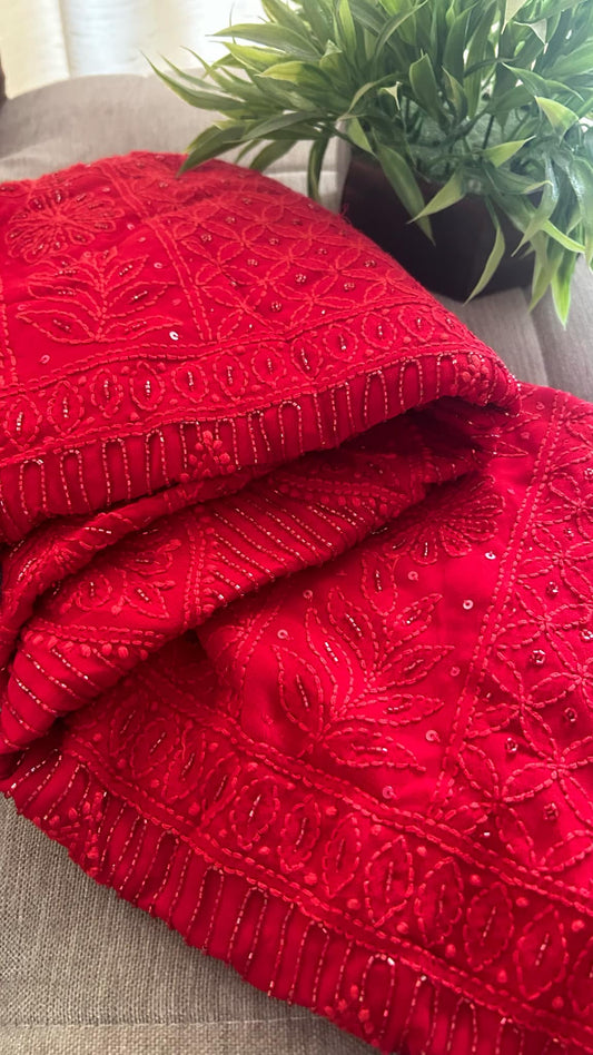 Maroonish Red Party Wear Cut Dana Chikankari Kurta Dupatta Set
