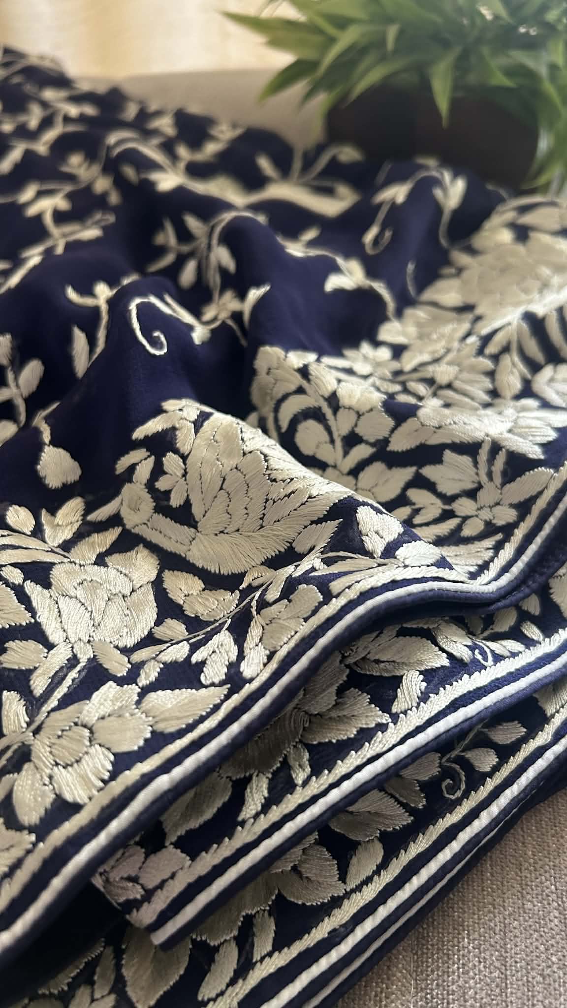 Elegant Navy Ivory Parsi Gara Saree