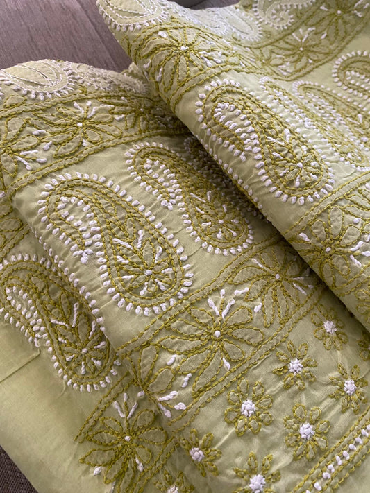Lime Green Cotton Chikankari Kurti Fabric (Kurti Only)