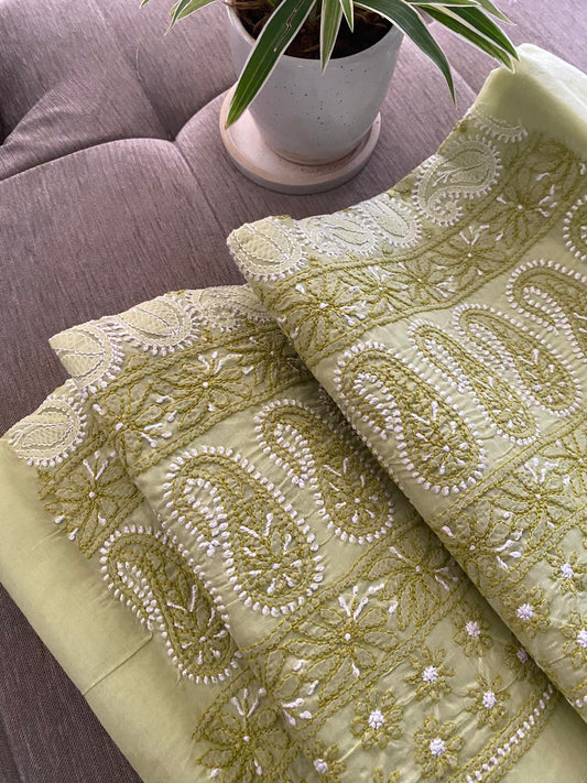 Lime Green Cotton Chikankari Kurti Fabric (Kurti Only)