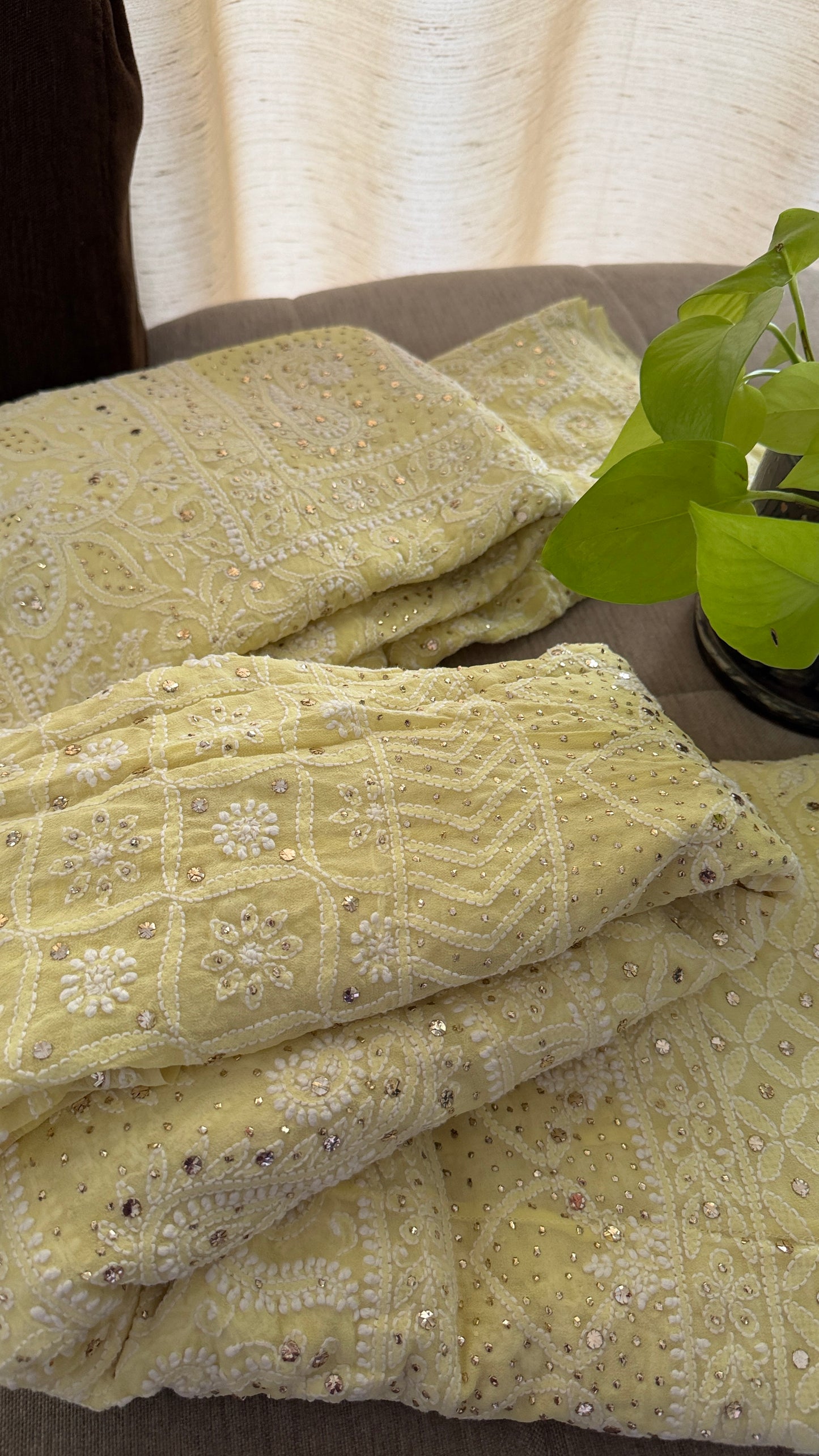 Lemon Yellow Mukaish Chikankari Lehenga Set