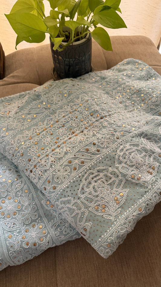 Exclusive Powder Blue Mukaish Chikankari Saree