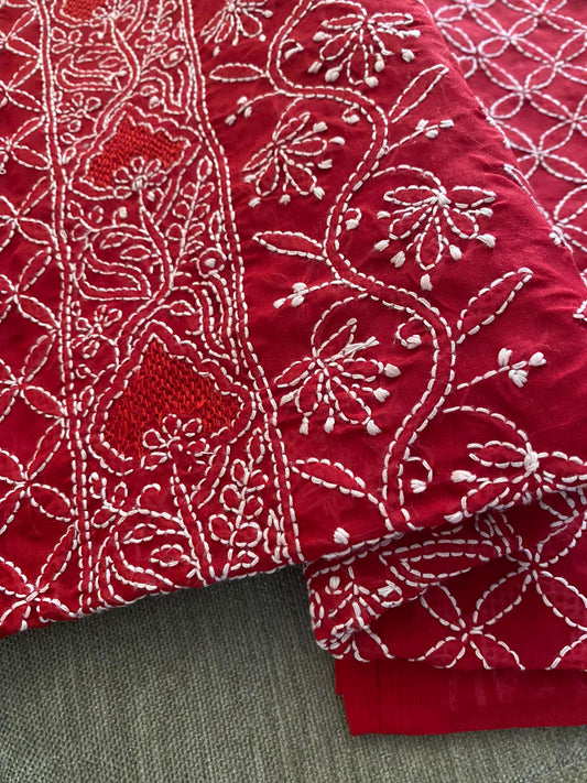 Red Cotton Chikankari & Hand Jaali Kurti Fabric (Only Kurti)