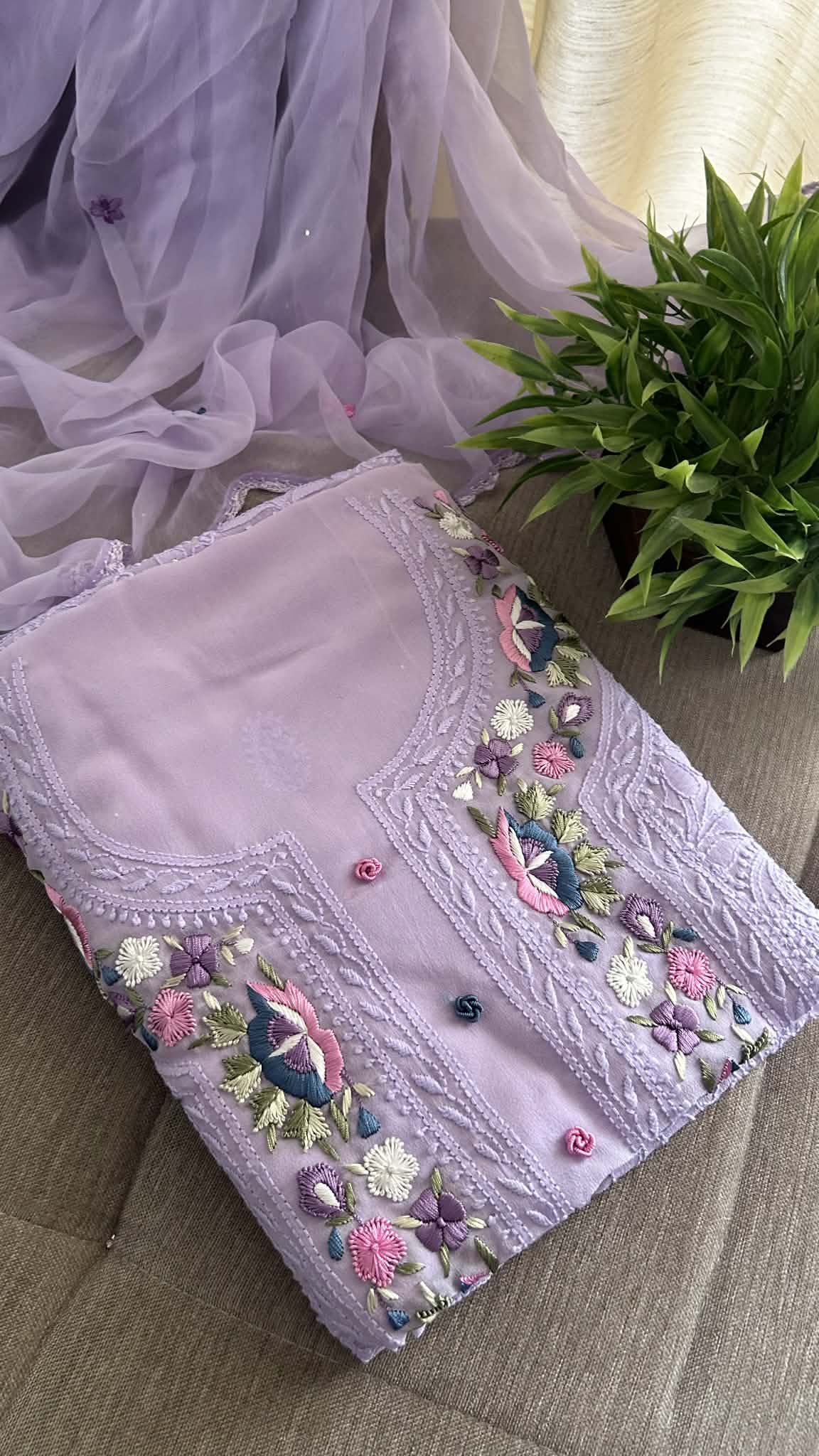 Lilac Chikankari Parsi Gara Neckline Suit