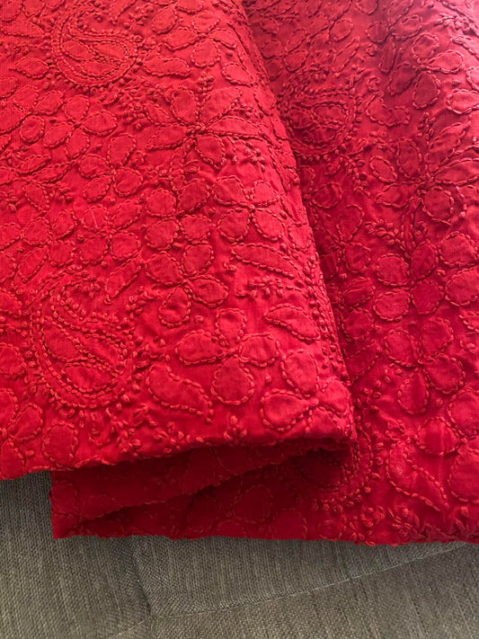 Red Cotton Chikankari Kurti Fabric (Only Kurti)- Festive Collection