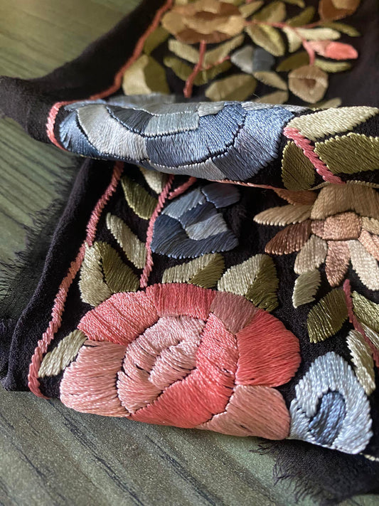 Black-Multicolour Parsi Gara Hand Embroidered Border