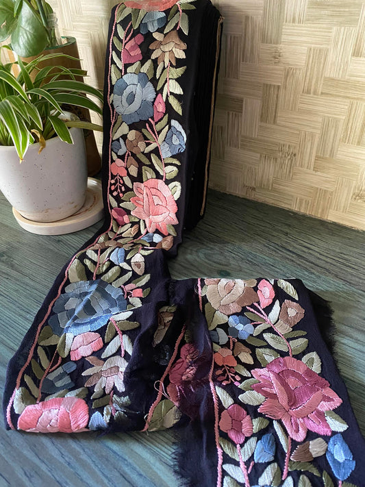 Black-Multicolour Parsi Gara Hand Embroidered Border