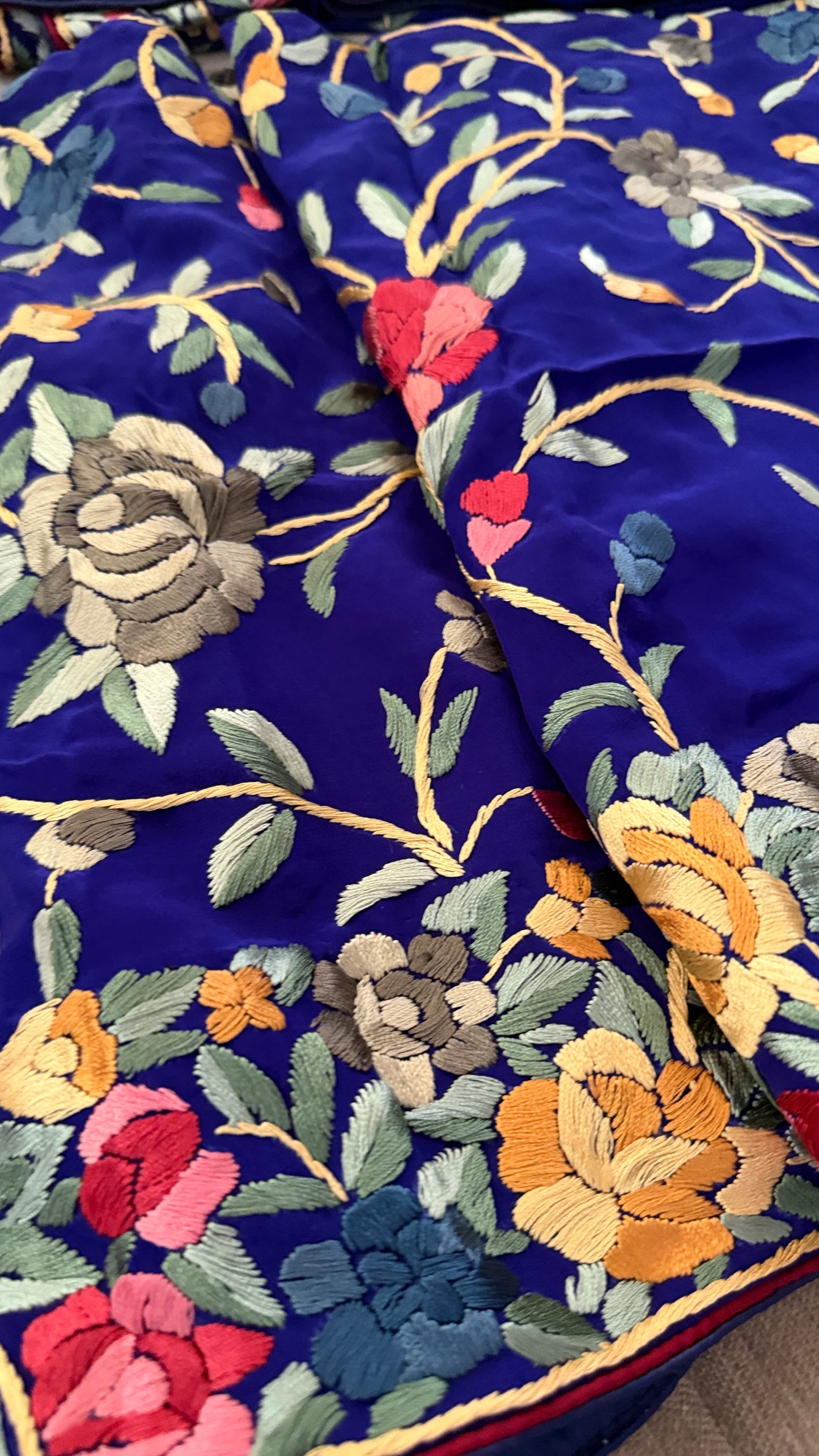 Royal Blue Floral Parsi Gara Suit (Three Piece)