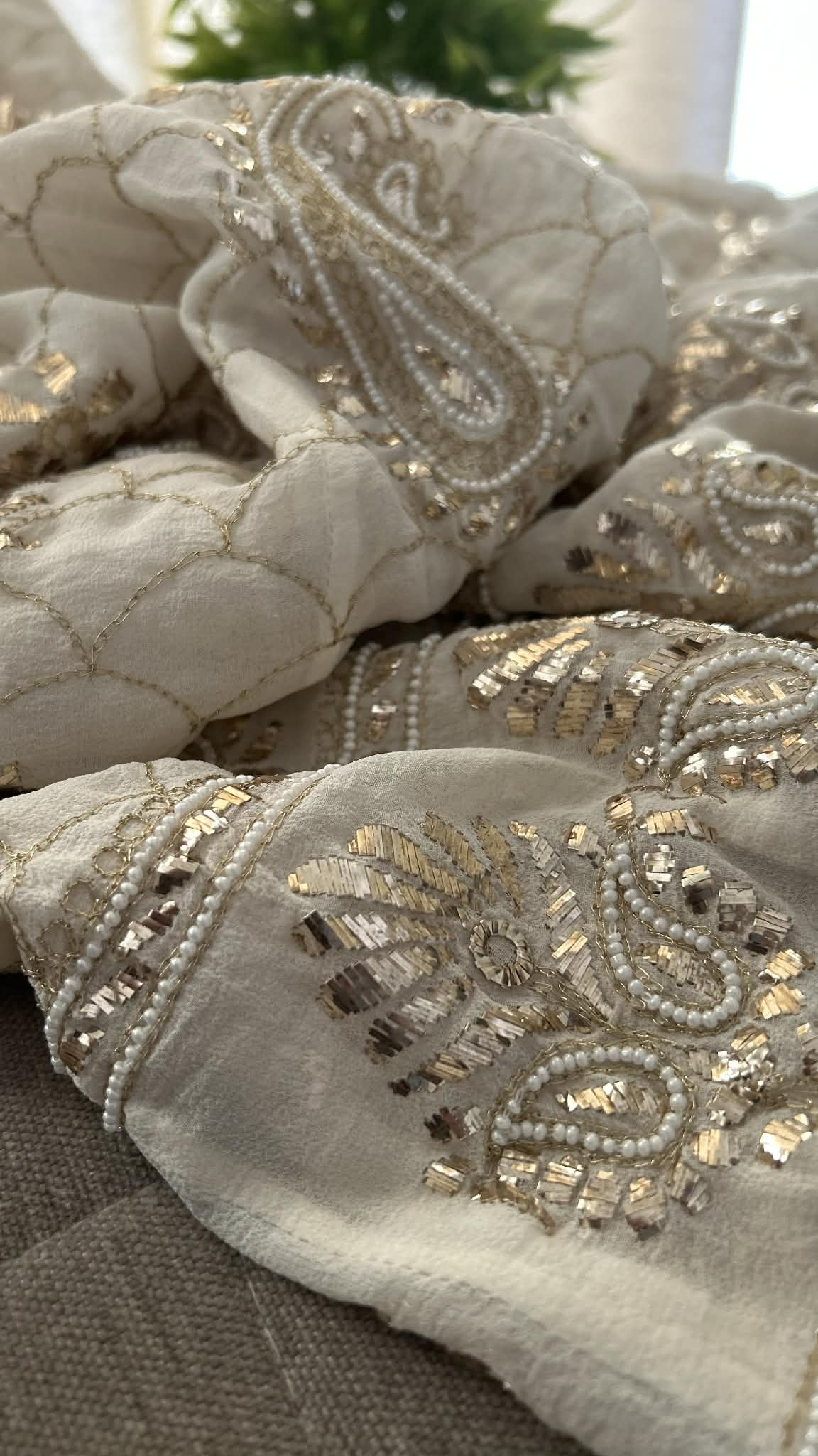 Masterpiece Ivory Golden Kamdani and Pearl Anarkali Suit