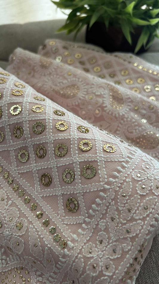 Pastel Pink Ring Mukaish Chikankari Suit (Kurta & Dupatta)