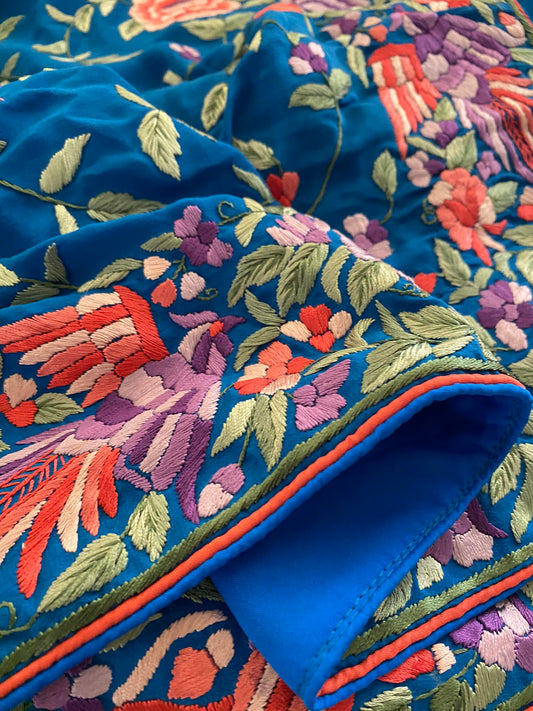 Pre order Parsi Gara Hand Embroidered Teal Blue Saree- Pure Crepe Silk